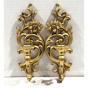 SYROCO VTG 1965 2 Gold Wall Candle Sconces 5183 Hollywood Regency Floral USA MCM